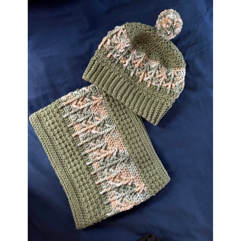 Handmade Crochet Hat‎ and Scarf Set Olive Green Pink Neutral Pom Pom Winter Warm